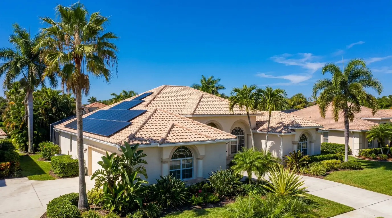 Florida home with a tile roof and rooftop solar panels framed by palm trees under a bright sky