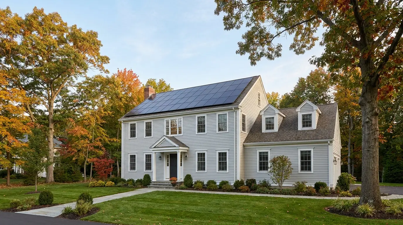 New York colonial-style home with rooftop solar panels surrounded by autumn foliage
